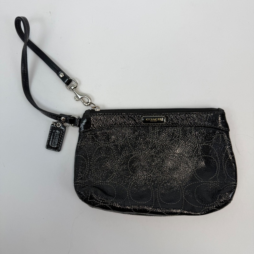Coach Black Patent Leather Signature Monogram Wristlet Pouch Bag